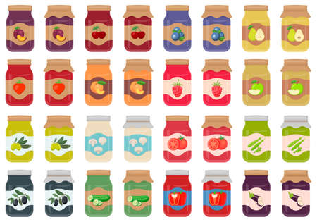 Glass jar with jam. Jars with labels fruit jam. Autumn harvesting and canning set. Jars with pickled and canned vegetables. Vector illustration.のイラスト素材