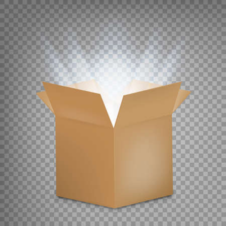 Open cardboard box with a glow inside. Open box with the outgoing light. Vector illustration. Eps 10.のイラスト素材