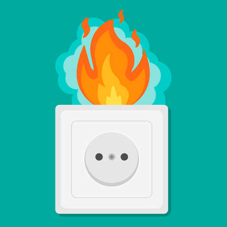 Fire wiring. Socket on fire from overload. Electrical safety concept. Short circuit electrical circuit. Vector illustration. Eps 10.のイラスト素材