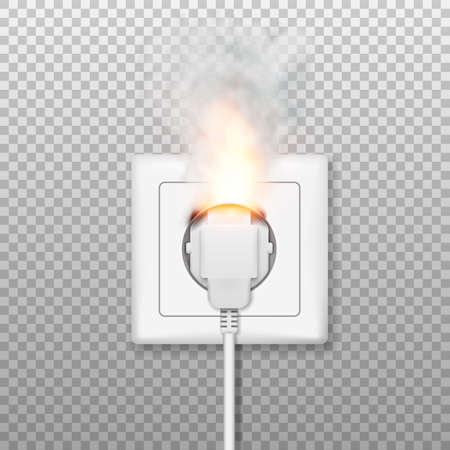 Fire wiring. Realistic socket and plug on fire from overload. Electrical safety concept. Short circuit electrical circuit. Vector illustration. Eps 10.のイラスト素材