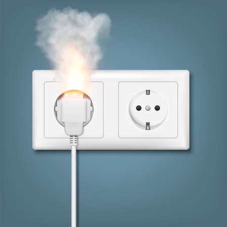 Fire wiring. Realistic socket and plug on fire from overload. Electrical safety concept. Short circuit electrical circuit. Vector illustration. Eps 10.のイラスト素材