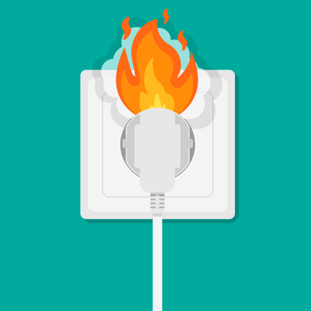 Fire wiring. Socket and plug on fire from overload. Electrical safety concept. Short circuit electrical circuit. Vector illustration. Eps 10.のイラスト素材