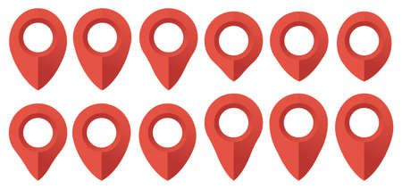 Red realistic map pointer. Location symbols vector set isolated on white background. Web location point, pointer arrow mark. Vector illustration. Eps 10.のイラスト素材