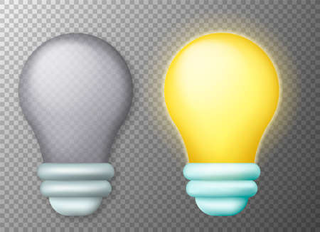 Glowing and turned off electric light bulb. 3d cartoon yellow light bulb icon. vector illustration. Eps 10.のイラスト素材
