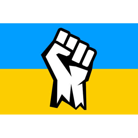 Stand with Ukraine. Human fist graphics on Ukraine flag. Vector illustration.のイラスト素材