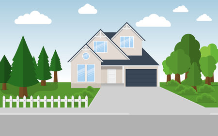 Exterior of the residential house, front view. House with large garden on a street in summer. vector illustration. Eps 10.のイラスト素材