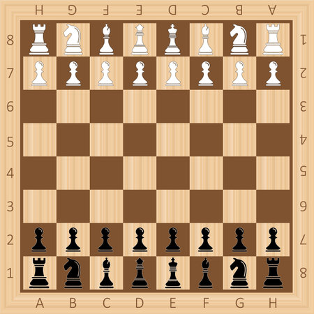 Chess boards on wooden background. checkers game with pieces in dark and light brown. vector illustration. Eps 10.のイラスト素材