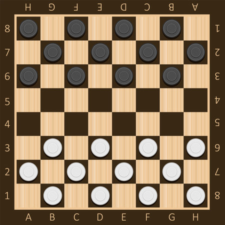 Chess boards on wooden background. Draughts, game with pieces in dark and light brown. vector illustration. Eps 10.のイラスト素材