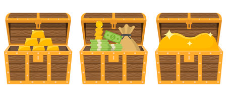 Cartoon treasure chests. Pile of money and a bag of coins. Wealth concept. Gold bars icon. vector illustration. Eps 10.のイラスト素材