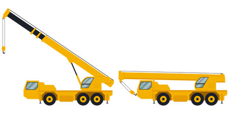 Mobile crane icon. Vehicle for lifting, handling, building, moving cargo, load. Heavy machinery....