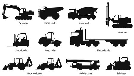 Set of Construction machines. Heavy machinery for Excavator, Dump, truck, Mixer, truck, Pile, driver, Stock, forklift, Road, roller, Flatbed, trailer, Backhoe, loader, Mobile, crane, Bulldozer.のイラスト素材