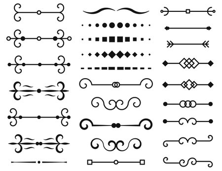 Vintage decor borders, delimiters and dividers, vector retro floral ornament vignettes and separators. Vector illustration.のイラスト素材