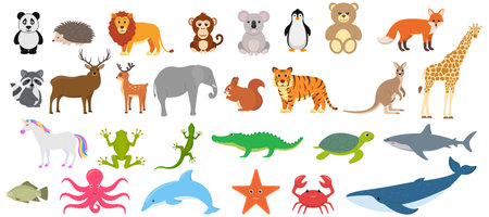 A lively collection of colorful cartoon animals, perfect for childrens projects and different...