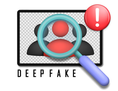 Vector illustration of deepfake detection using magnifying glass over digital faces, symbolizing identity verification and AI-generated content warning. Fake identity alert icon.のイラスト素材