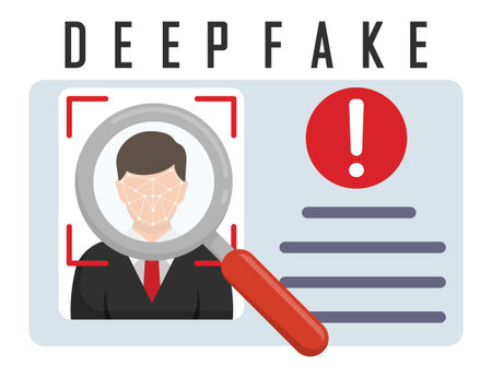Flat vector illustration showing a magnifying glass inspecting a deepfake ID with facial recognition and alert symbol. Concept image of deepfake identity detection using biometric face scanningのイラスト素材