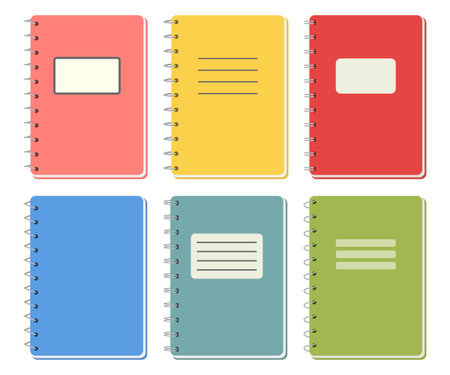 Vector set of colorful notebook covers organized and creative layout, perfect for educational or stationery-related use. Ideal for school, study, or planner designs.のイラスト素材