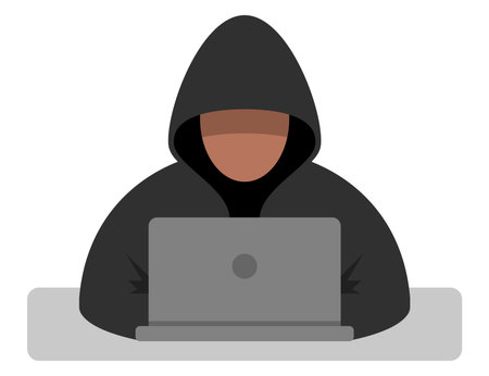 Flat illustration of a hacker in a hoodie working on a laptop, representing cybercrime, data theft, and online security threats. Hacker in hoodie. Cybercrime illustration. Anonymous hacker laptop.のイラスト素材