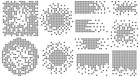 Collection of abstract pixel dot patterns with halftone effect, square grid, circular compositions, and digital noise textures. Minimalist geometric pixel backgrounds with glitch style, abstract halftone dots.のイラスト素材
