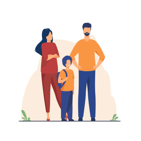 Family with one child with a backpack. Full-length figures.のイラスト素材