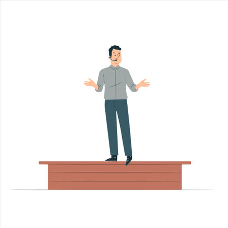 The presenter stands on the stage, near the blackboardのイラスト素材