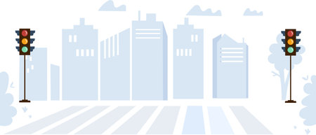 Light gray cityscape background. City buildings with trees at park view. Monochrome urban landscape with street. Modern architectural panorama in flat style. Vector illustration horizontal wallpaper.のイラスト素材