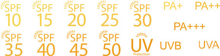 Set of simple flat SPF sun protection icons for sunscreen packaging. UV protection for skin.のイラスト素材