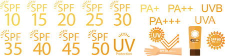 Set of simple flat SPF sun protection icons for sunscreen packaging. UV protection for skin.のイラスト素材