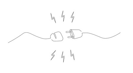 One continuous line drawing of plug inserting into electric outlet. Power socket disconnect in simple linear style.のイラスト素材