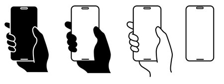 Smartphone in hand icons set. Hand holding smartphone. Blank screen smartphone for message or photo in various positionsのイラスト素材