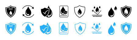 Waterproof icon set in flat style. Water and Dust, liquid proof protection, Shield with water drop, Water Proofのイラスト素材