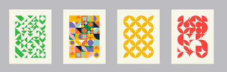 Retro geometric pattern background, vector abstract circle, triangle and square lines art.