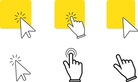 Yellow buttons with clicking hand or arrow pointer set. Click here vector template.のイラスト素材