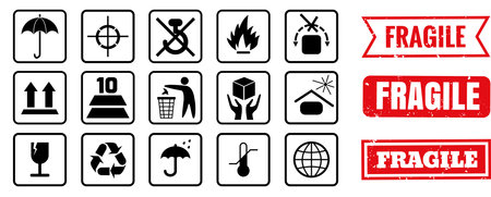 Fragile Sticker sign. easy to modify. Isolated on transparent. Fragile, recycle, Handle with care, This side upのイラスト素材