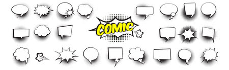 Collection of empty comic speech bubbles with halftone shadows. Vector illustration.のイラスト素材