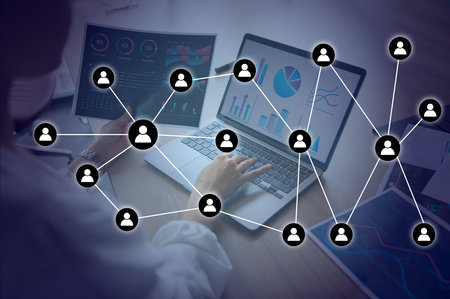 Social network Analysis. Marketing virtual icons screen concept