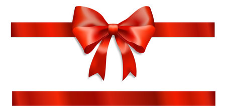 Red Ribbon Bow Realistic shiny satin with shadow horizontal ribbon for decorate your wedding invitationのイラスト素材