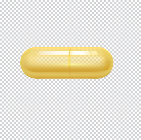 Cosmetic capsule of vitamin E, A or omega 3 oil. Golden antibiotic gel pill icon template.のイラスト素材