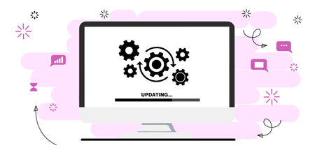 Loading process on a computer screen. System software update, data upgrade, or synchronization with a progress bar.のイラスト素材