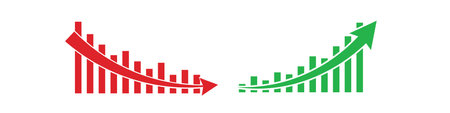 Growth chart icon with an upward arrow in red and green, representing business success.のイラスト素材