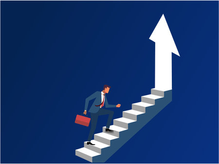 MobileSteps to Growth Business concept illustration. A businessman silhouette passes through the arrow-up form open doorのイラスト素材