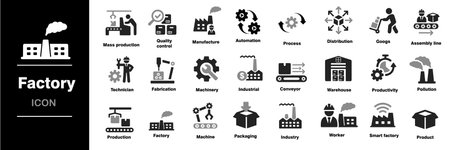 Factory icon set. Containing industry production machine manufacture warehouse. Vector illustrationのイラスト素材