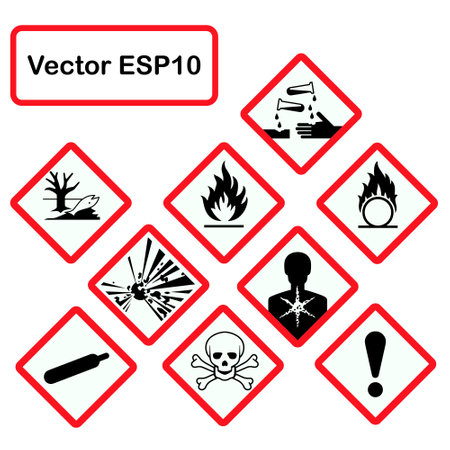 Globally Harmonized System GHS Warning Signs. Flame, gas cylinder, skull and crossbones.のイラスト素材