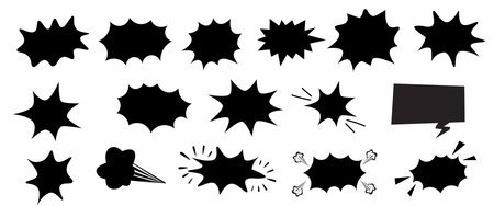 Comic style boom, explosion, and speech bubbles set. Black silhouette design for pop art and retro illustrations.のイラスト素材