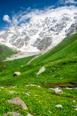 View of the mountain valley in sunny summer day with alpine peaks on the backgroundの写真素材