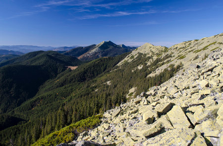 View of mountains with stone-covered tops and pine-textured slopes in sunny autumn dayの写真素材