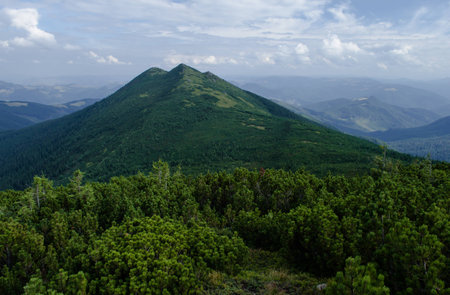 View of an overgrown mountain with three tops in cloudy summer dayの写真素材