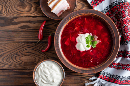 Ukrainian borscht with beets and tomatoesの写真素材