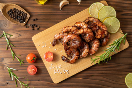 Fried tiger prawns on a wooden board with ingredients for cookingの写真素材