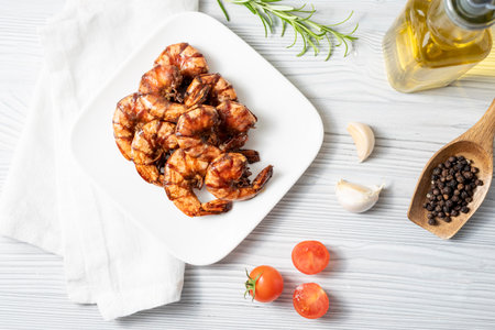 Grilled tiger prawns on white plate with olive oil, tomatoes and garlic on white wooden background.の写真素材
