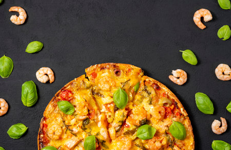 Pizza with shrimp, mozzarella cheese and basil on black backgroundの写真素材